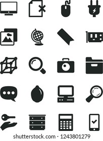 Solid Black Vector Icon Set - bookmark vector, calculator, chest of drawers, magnifier, picture, camera, screen, folder, delete page, lime, plug, speech, computer, mouse, pc card, globe, 3d cube