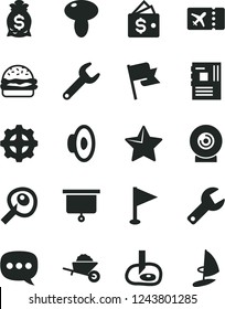 Solid Black Vector Icon Set - repair key vector, loudspeaker, pennant, garden trolley, star, flag, lens, burger, mushroom, gear, speech, motherboard, artifical insimination, presentation board