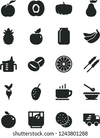 Solid Black Vector Icon Set - measuring cup for feeding vector, plates and spoons, coffee, barbecue, beans, a glass of tea, biscuit, ripe peach, half apricot, tasty mulberry, bananas, orange, guava