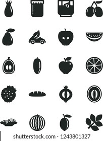 Solid Black Vector Icon Set - loaf vector, slices of onion, a glass tea, jam, strawberries, pear, red apple, tasty, rose hip, half medlar, cornels, water melon, slice, date fruit, loquat, lemon