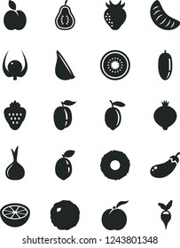 Solid Black Vector Icon Set - cabbage vector, garlic, strawberry, apple, ripe peach, medlar, date fruit, slice of tangerine, plum, lemon, half kiwi, sour lime, pineapple, grapefruit, part guava