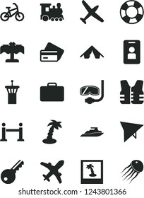 Solid Black Vector Icon Set - plane vector, train, hang glider, bike, airport tower, rope barrier, suitcase, credit card, tent, palm tree, restaurant, diving mask, photo, key, access, life vest