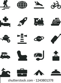 Solid Black Vector Icon Set - briefcase vector, Baby chair, garden trolley, lighthouse, space rocket, globe, saturn, train, car baggage, bike, backpacker, rolling case, arrival, tent, hospital bed