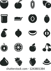 Solid Black Vector Icon Set - cake slice vector, jam, blueberries, cherry, ripe peach, grape, pear, apricot, plum, strawberry, fig, medlar, half of, sweet date fruit, juicy lemon, tamarillo