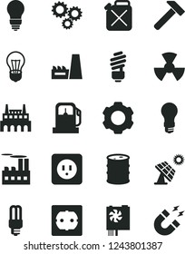 Solid Black Vector Icon Set - saving light bulb vector, power socket type b, f, hammer, big solar panel, gas station, barrel, industrial building, thermal plant, factory, canister, mercury, settings