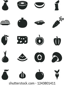 Solid Black Vector Icon Set - piece of cheese vector, onion, slices, porcini, pear, half apricot, pomegranate, mango, tasty plum, cherry, kiwi, coconut, ripe guava, slice water melon, apple stub