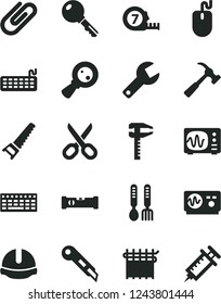 Solid Black Vector Icon Set - repair key vector, scissors, iron fork spoons, hand saw, long meashuring tape, construction level, helmet, stationery knife, hammer with claw, clip, cloth industry