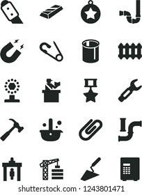 Solid Black Vector Icon Set - open pin vector, tower crane, trowel, siphon, knife, new radiator, hammer with claw, clip, water pipes, steel repair key, metallurgy, magnet, cup, star medal, hero