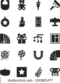 Solid Black Vector Icon Set - toys over the cradle vector, bib, teddy bear, window, paint roller, color samples, sample of colour, plastic brush, interroom door, lollipop, pumpkin, gift, flame torch