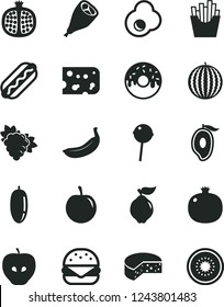 Solid Black Vector Icon Set - piece of cheese vector, Hot Dog, big burger, glazed cake with a hole, grill chicken leg, Chupa Chups, French fries, fried egg, pomegranate, half, branch grape, quince