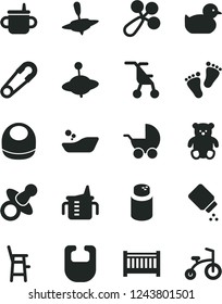 Solid Black Vector Icon Set - baby cot vector, dummy, mug for feeding, measuring cup, powder, bib, rattle, stroller, sitting, safety pin, duckling, children's bathroom, a chair child, footprints