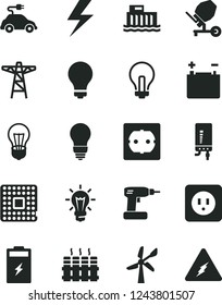 Solid Black Vector Icon Set - lightning vector, matte light bulb, incandescent lamp, concrete mixer, cordless drill, power socket type b, f, radiator, electronic boiler, charging battery, pole