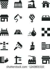 Solid Black Vector Icon Set - house vector, wicker pot, hook, big core, paint roller, wooden brush, city block, tile, building, paving slab, factory, hydroelectricity, industrial, Construction crane