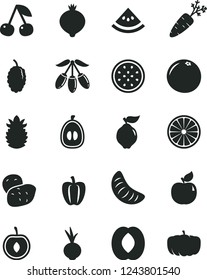 Solid Black Vector Icon Set - beet vector, cherry, quince, apricot, medlar, mulberry, goji berry, half peach, slice of tangerine, loquat, passion fruit, orange, ripe pineapple, grapefruit, potato