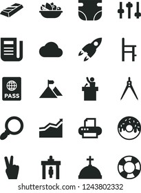 Solid Black Vector Icon Set - nappy vector, a chair for feeding, passport, glazed cake with hole, plate of fruit, newspaper, printer, magnifier, cloud, settings, drawing compass, rocket, arrow graph