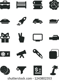 Solid Black Vector Icon Set - baby cot vector, books, suitcase, stationery knife, copy, cake slice, pie, biscuit, squash, retro car, water filter, space rocket, article on the dollar, gift, monitor
