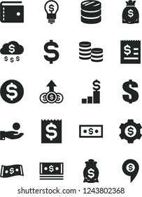 Solid Black Vector Icon Set - purse vector, dollar, coins, column of, denomination the, article on, financial item, catch a coin, dollars, cash, money rain, pedestal, bag, gear, idea, growth, pin