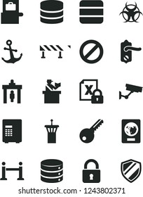 Solid Black Vector Icon Set - prohibition vector, key, door knob, road fence, lock, anchor, big data, encrypting, biohazard, airport tower, rope barrier, security gate, baggage scanner, passport