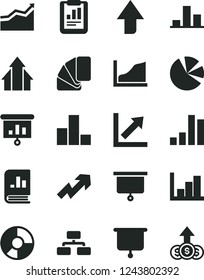 Solid Black Vector Icon Set - upward direction vector, growth up, bar chart, negative histogram, sample of colour, flowchart, statistical report, ring diagram, pie charts, book on statistics, graph