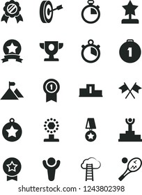 Solid Black Vector Icon Set - stopwatch vector, winner, pedestal, podium, prize, cup, star reward, medal, mountain flag, purpose, first place, with pennant, ribbon, cross flags, cloud ladder, tennis