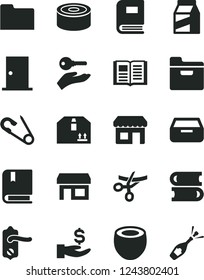 Solid Black Vector Icon Set - open pin vector, e, books, door knob, ntrance, book, folder, drawer, cardboard box, package, canned goods, half of coconut, kiosk, stall, get a wage, arm with key