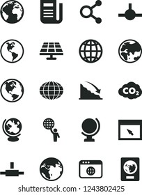 Solid Black Vector Icon Set - sign of the planet vector, globe, earth, solar panel, carbon dyoxide, connections, recession, newspaper, browser, connect, man hold world, passport
