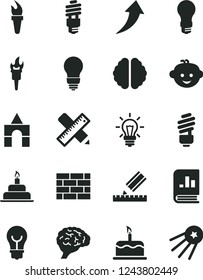 Solid Black Vector Icon Set - children's hairdo vector, box of bricks, birthday cake, brickwork, saving light bulb, writing accessories, drawing, energy, book on statistics, brain, flame torch
