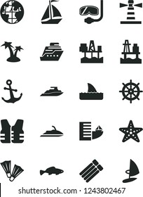 Solid Black Vector Icon Set - anchor vector, small fish, sea port, commercial seaport, lighthouse, planet, sail boat, hotel, palm tree, starfish, flippers, diving mask, handwheel, life vest, jet ski