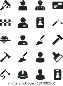 Solid Black Vector Icon Set - builder vector, workman, trowel, building, paint roller, ceramic tiles, construction helmet, putty knife, hammer, with claw, pass card, welding, gas, woman, man, access