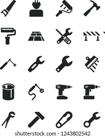 Solid Black Vector Icon Set - paint roller vector, repair key, safety pin, small tools, adjustable wrench, cordless drill, hand saw, spatula, paving slab, road fence, hammer, with claw, builder, gas