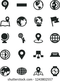 Solid Black Vector Icon Set - minus vector, map, globe, earth, flag, planet, location, geolocation, hierarchical scheme, core, man hold world, dollar pin, taxi, compass
