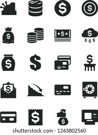 Solid Black Vector Icon Set - dollar vector, strongbox, cards, coins, reverse side of a bank card, front the, column, recession, financial item, money, dollars, cash, cashbox, bag hand, rain, coin