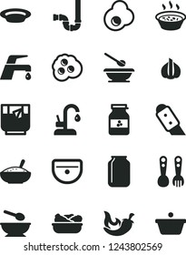 Solid Black Vector Icon Set - deep plate with a spoon vector, plates and spoons, plastic fork, sink, siphon, knife, faucet mixer, kitchen, bowl of rice porridge, in saucepan, lettuce, chili, jar jam