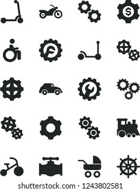 Solid Black Vector Icon Set - Baby Carriage Vector, Children's Train, Tricycle, Kick Scooter, Child, Gears, Cogwheel, Gear, Star, Valve, Retro Car, Three, Dollar, Motorcycle, Disabled, Handwheel