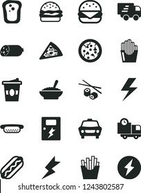 Solid Black Vector Icon Set - lightning vector, dangers, car, delivery, sausage, pizza, piece of, Hot Dog, mini, big burger, a bowl buckwheat porridge, French fries, fried potato slices, coffe to go
