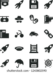 Solid Black Vector Icon Set - floppy disk vector, spectacles, hat with glasses, camera roll, tricycle, child shoes, abacus, umbrella, plate, modern gas station, retro car, vintage sign, rocket