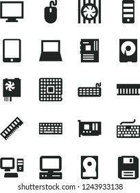 Solid Black Vector Icon Set - monitor vector, keyboard, processor, computer, tablet pc, notebook, radiator fan, mouse, power supply, tower, motherboard, memory, card, hdd, floppy