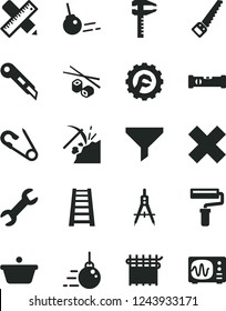 Solid Black Vector Icon Set - paint roller vector, cross, open pin, big core, arm saw, stepladder, construction level, writing accessories, star gear, stationery knife, Chinese chopsticks, calipers