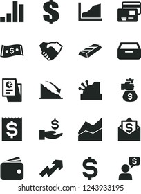Solid Black Vector Icon Set - growth up vector, dollar, line chart, drawer, cards, bar, recession, denomination of the, financial item, get a wage, hand shake, wallet, statistical research, cashbox