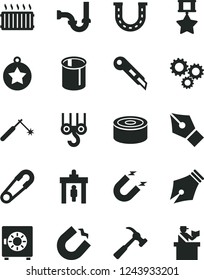 Solid Black Vector Icon Set - safety pin vector, winch hook, sewerage, stationery knife, hammer with claw, strongbox, canned goods, magnet, horseshoe, pipes, welding, aluminum radiator, three gears