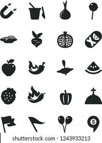 Solid Black Vector Icon Set - wind direction indicator vector, tumbler, children's sand set, small yule, colored air balloons, flag, slices of onion, chili, Chupa Chups, strawberries, red apple, hot