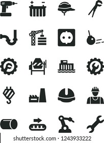 Solid Black Vector Icon Set - tower crane vector, builder, hook, concrete mixer, adjustable wrench, cordless drill, sewerage, construction helmet, gear, star, core, battery, hydroelectric station