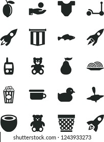 Solid Black Vector Icon Set - wicker pot vector, Child T shirt, baby duckling, toy mobile phone, children's potty, teddy bear, small, yule, Kick scooter, onion, cup of popcorn, fish, lemon, rocket