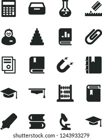 Solid Black Vector Icon Set - calculator vector, book, stacking toy, e, books, abacus, drawing, notebook, drawer, square academic hat, clip, flask, magnet, text highlighter, on statistics, scientist