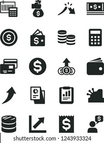 Solid Black Vector Icon Set - growth chart vector, calculation, cards, coins, column of, a crisis, statistical report, dollar, financial item, wallet, cash, research, calculator, cashbox, arrow up