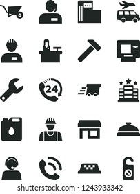 Solid Black Vector Icon Set - repair key vector, builder, workman, building trolley, hammer, 24, phone call, modern gas station, canister of oil, stall, dispatcher, operator, urgent cargo, taxi, atm