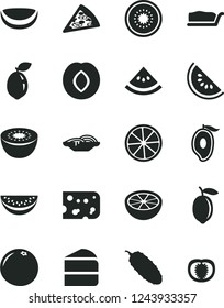 Solid Black Vector Icon Set - piece of cheese vector, pizza, slices onion, cake, slice, cucumber, plum, water melon, half mango, lemon, kiwi, sour lime, coconut, grapefruit, tomato