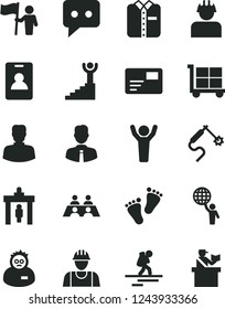 Solid Black Vector Icon Set - cargo trolley vector, footprints, builder, employee, pass card, folded shirt, gas welding, woman, think, conversation, scientist, winner stairway, man hold world, flag