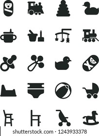 Solid Black Vector Icon Set - toys over the cradle vector, dummy, mug for feeding, diaper, baby rattle, stroller, summer, rubber duck, duckling, bath ball, stacking rings, roly poly doll, tumbler, a