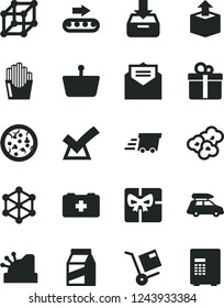 Solid Black Vector Icon Set - bag of a paramedic vector, received letter, put in box, gift, package, shipment, unpacking, pizza, fried potato slices, popcorn, production conveyor, shopping basket